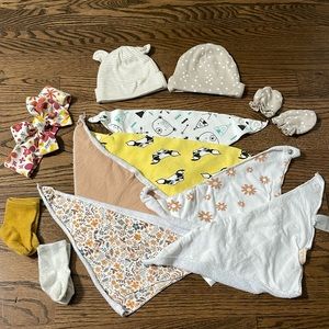 Baby hats, socks, mittens, hair bow, bibs